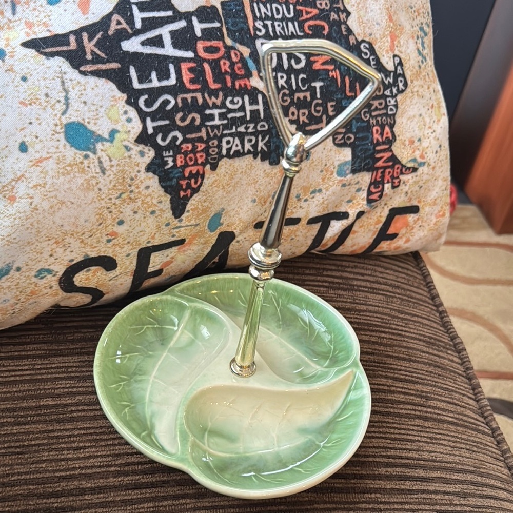 Leaf Design Ceramic Serving Dish with Gold Handle